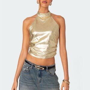 Edikted Shimmering Gold Halter Crop Top